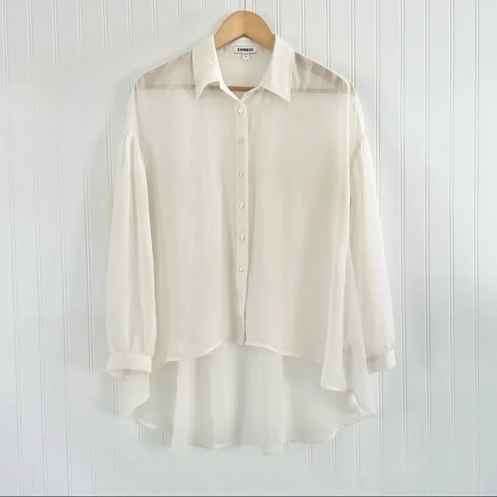 𝅺EXPRESS Sheer Hi Lo Button Down Pleated Tunic Blouse Size Small - Picture 3 of 7
